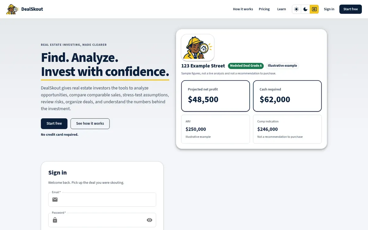 DealSkout web app showing a real estate deal analysis dashboard