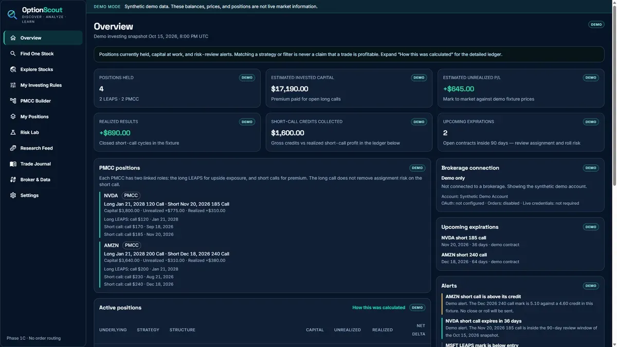 OptionScout overview screen listing LEAPS call options grouped into best and near matches