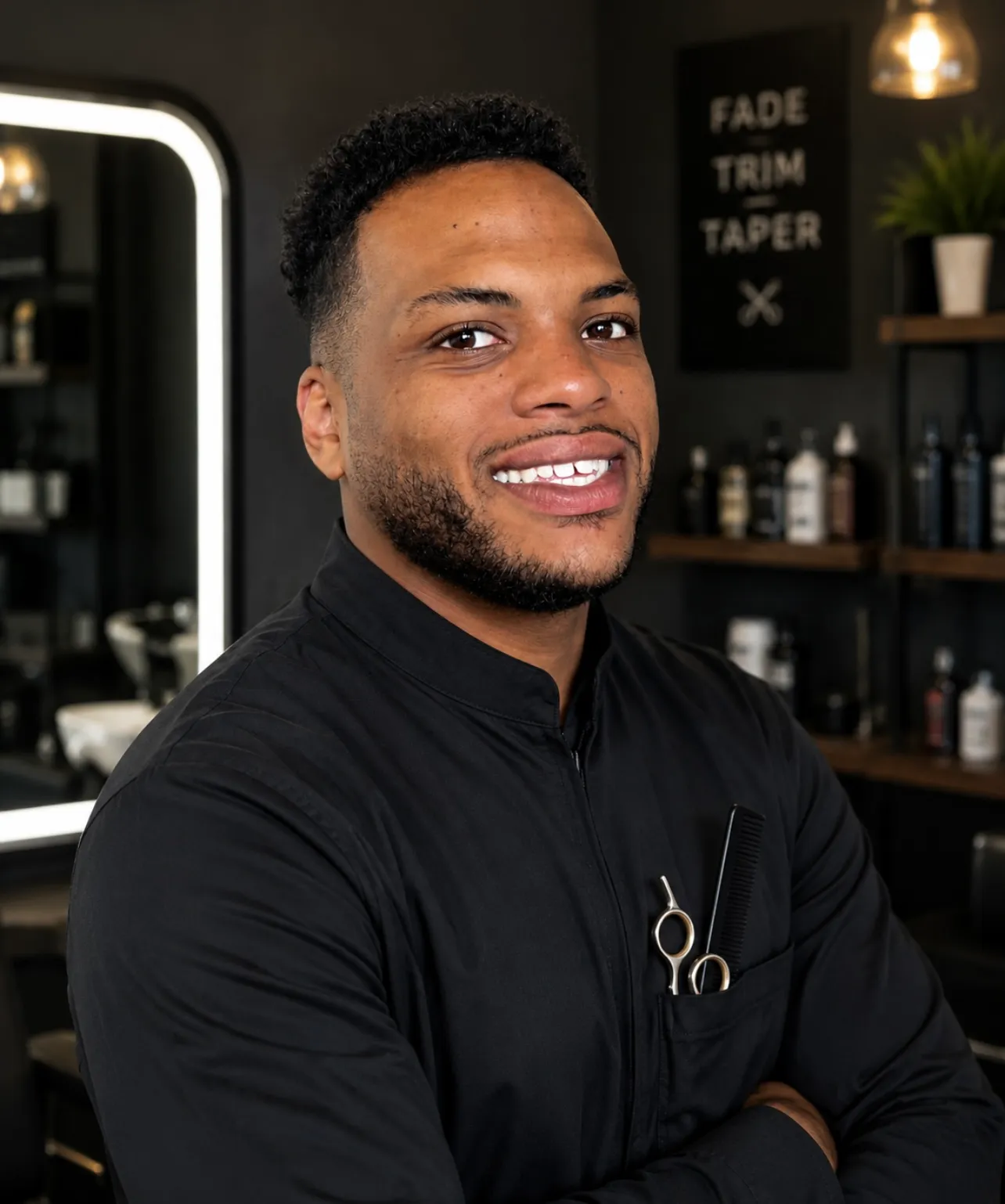 Marsallis Faircloth smiling, arms crossed, in a black shirt