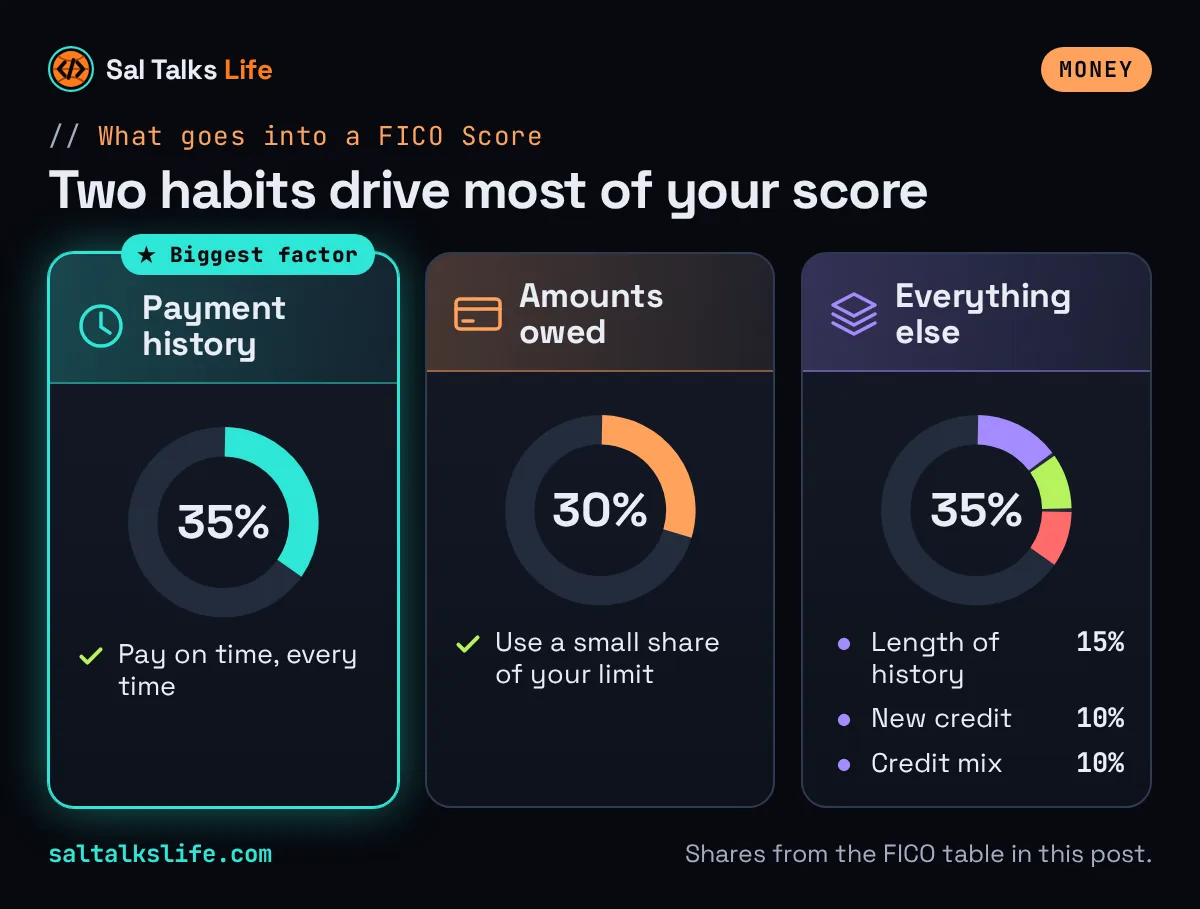 FICO Score factors: payment history 35%, amounts owed 30%, and length of history, new credit and credit mix making up the other 35%