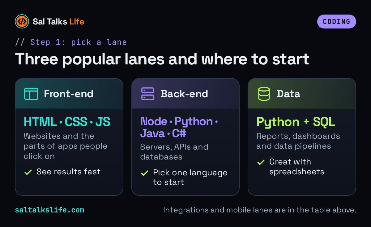 Software engineering lanes compared: front-end web with HTML, CSS and JavaScript, back-end web with Node.js or Python, and data with Python and SQL